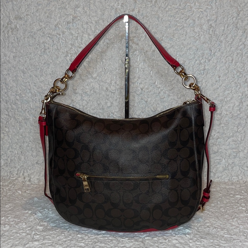 Coach Signature Cavas Elle Hobo Bag and Wallet Set in Brown w Red Leather Trim - Picture 7 of 17